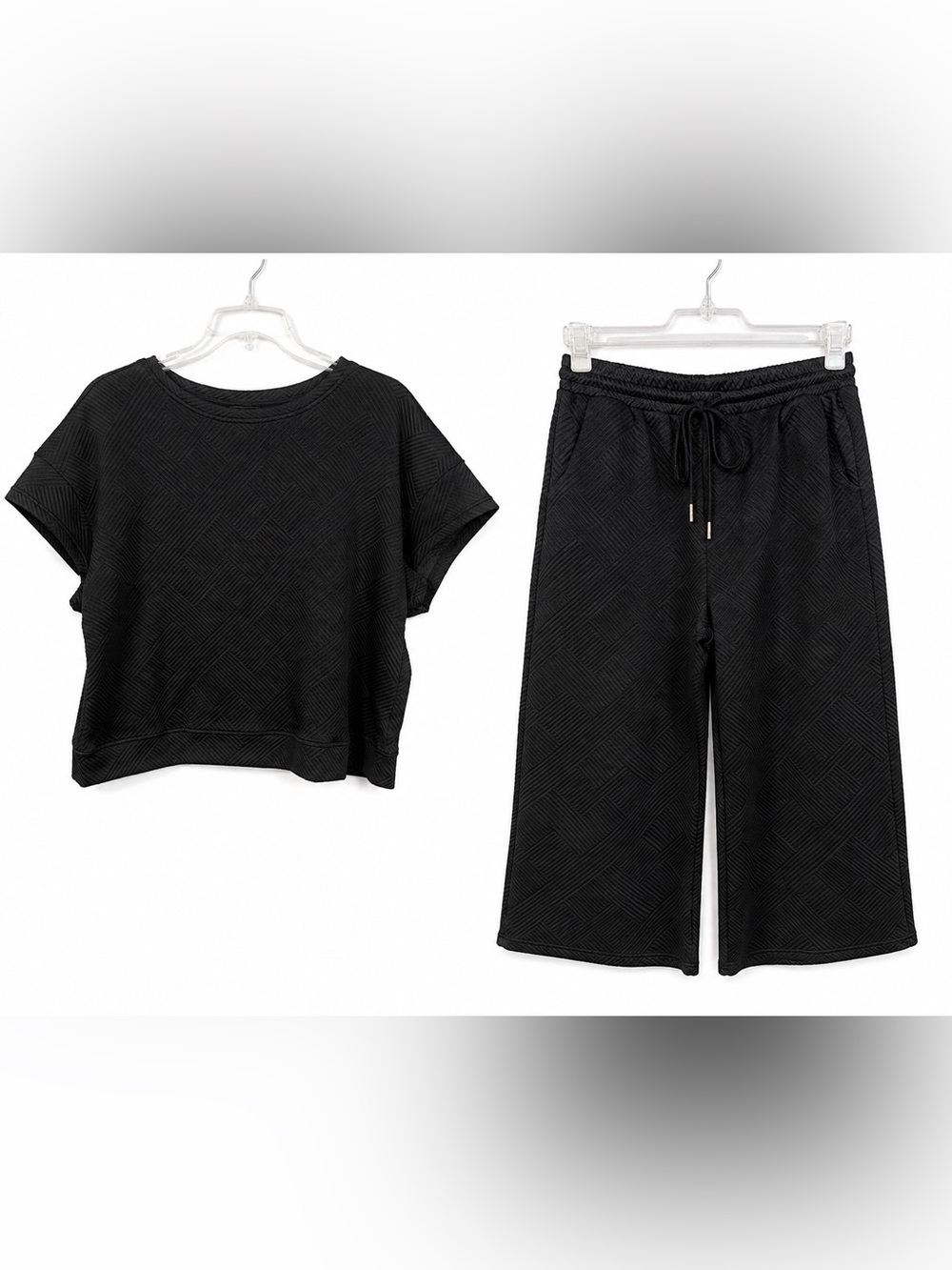 Black Textured Lounge Set Short Sleeve Top Wide Leg Pants Womens 2 Piece Size XL